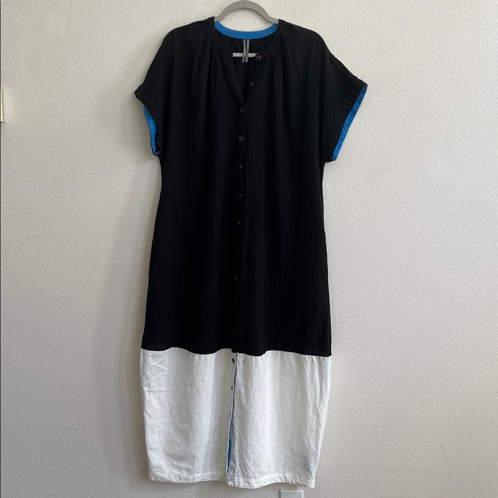 ANTHROPOLOGIE Short Sleeve Collared Linen Maxi Shirt Dress Colorblock W&B XS - Picture 5 of 15